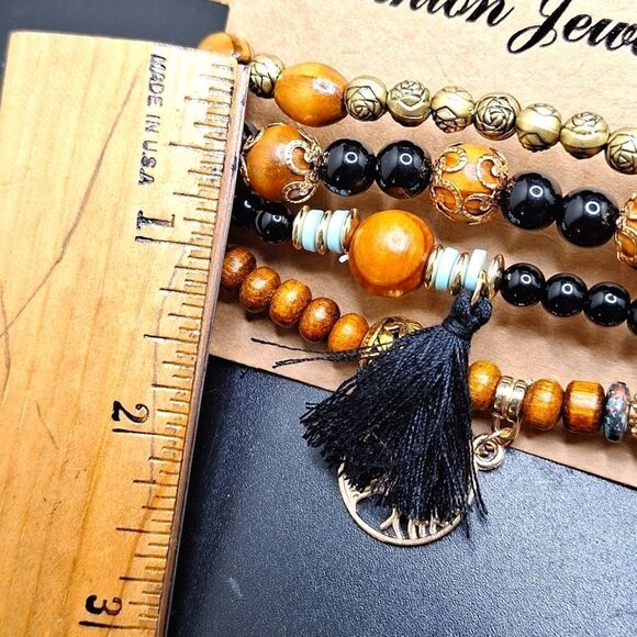 tree of life bracelet tassel BLACK and brown wooden beaded layered boho - Picture 4 of 4